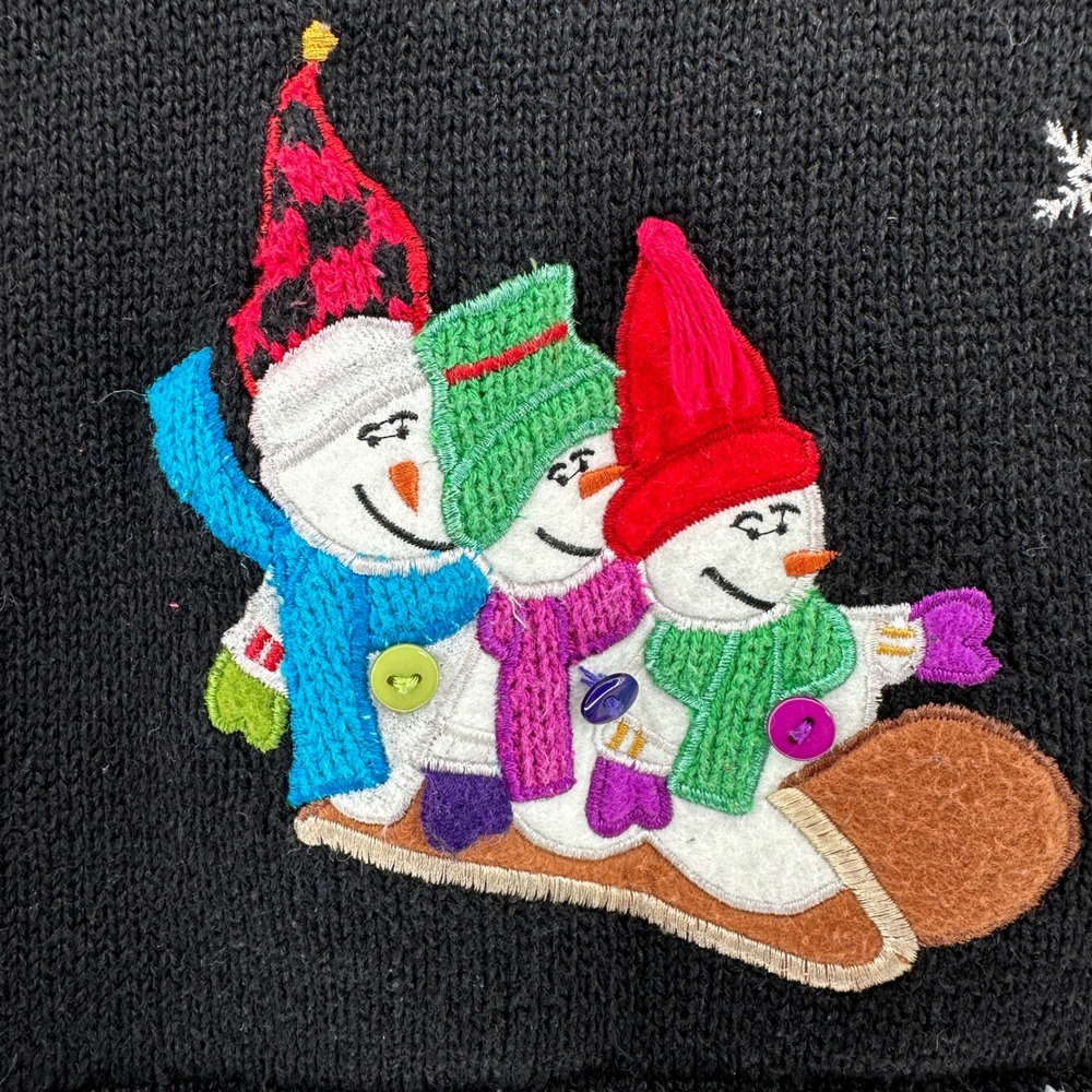 90s Reference Point Holiday Snowman Christmas Tree Cardigan Sweater Black M VTG - Picture 8 of 10